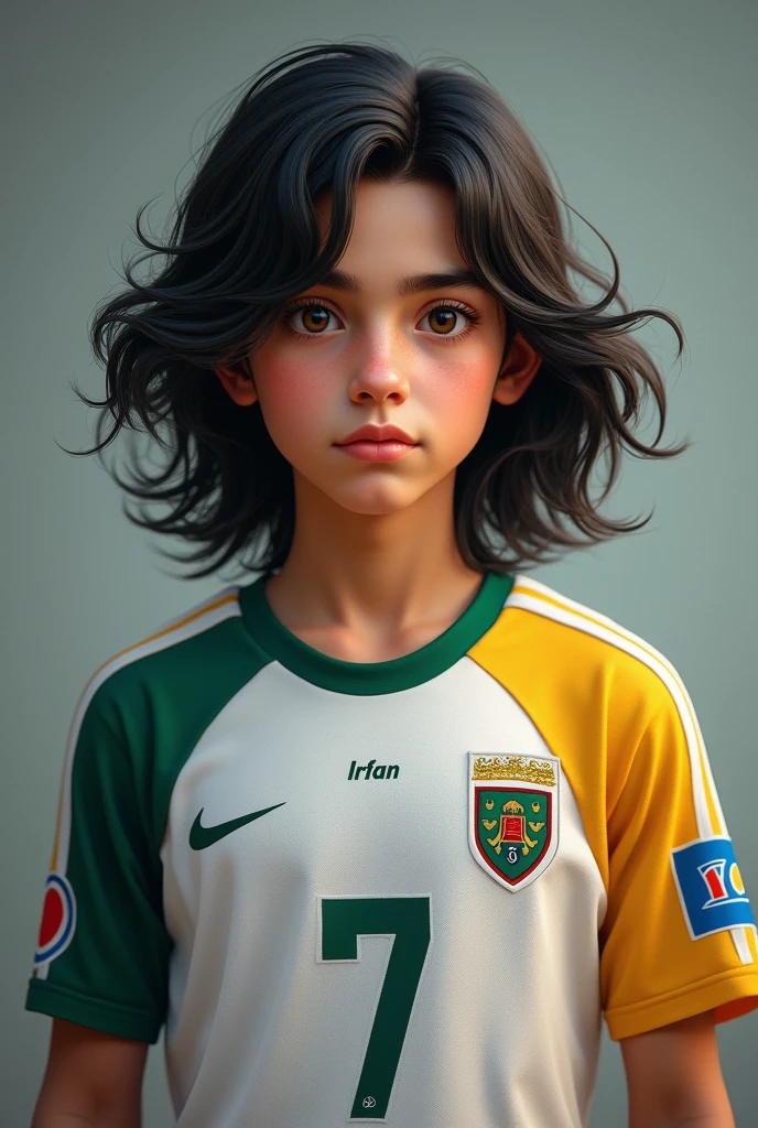 Long haired age boy with a jersey number 7 with name as IRFAN