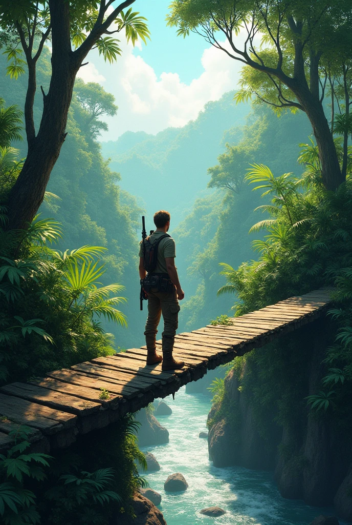 A man on a bridge over a jungle