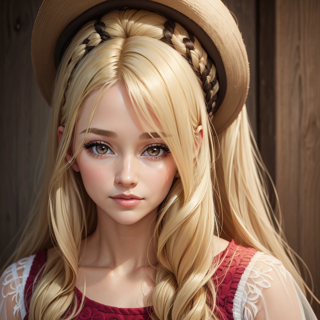 Pretty 35 year old woman, full lips, small nose, small eyes, long hair, straight hair, blonde hair