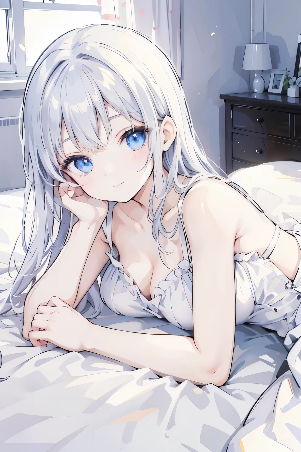 , White dress, Lie down on the bed、smile Black Hair Blue Eyes Black Hair