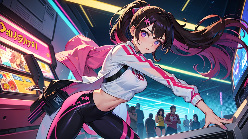 ((work of art)), best qualityer, absurderes, ultra detaild, holographic, cowboy shot, golden ratio, super cute girl, Madura, idol girl, super beautiful asian with beautiful bright violet eyes, beautiful multicolored shiny brown hair, high ponytail, beautiful and sexy body, Fine body, perfectbody, wearing a super tight leotard with an anime print, a super tight long sleeve crop top with anime print, a super aesthetic transparent mini jacket, beautiful hair ornament, pink jordan sneakers, playing with her handsome skinny boyfriend, with shiny messy black hair and super casual clothes in the arcade games