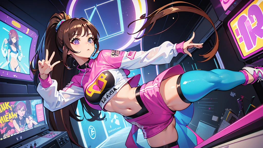 ((work of art)), best qualityer, absurderes, ultra detaild, holographic, cowboy shot, golden ratio, super cute girl, Madura, idol girl, super beautiful asian with beautiful bright violet eyes, beautiful multicolored shiny brown hair, high ponytail, beautiful and sexy body, Fine body, perfectbody, wearing a super tight leotard with an anime print, a super tight long sleeve crop top with anime print, a super aesthetic transparent mini jacket, beautiful hair ornament, pink jordan sneakers, playing with her handsome skinny boyfriend, with shiny messy black hair and super casual clothes in the arcade games