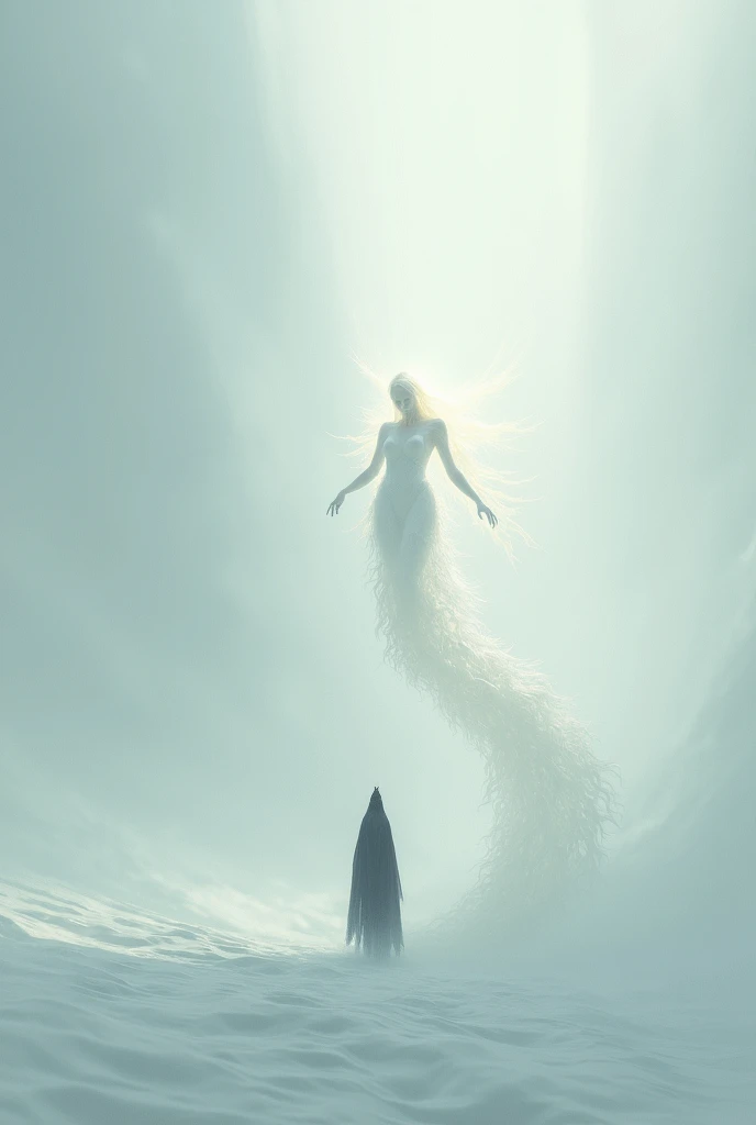 a white and infinite void, There is a white and light creature, just walk. He meets a dark creature, accompanied by a black background