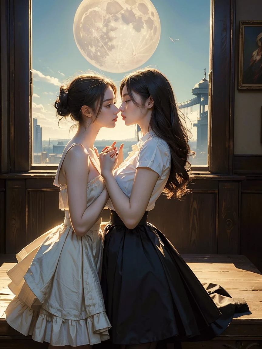 (masterpiece, highest quality, official art, beauty and aesthetic, the most important work:1.5), perfect anatomy, two stunning school girls are deeply in love with each other, kiss, romantic atmosphere, flower and moon, magnificent panorama view