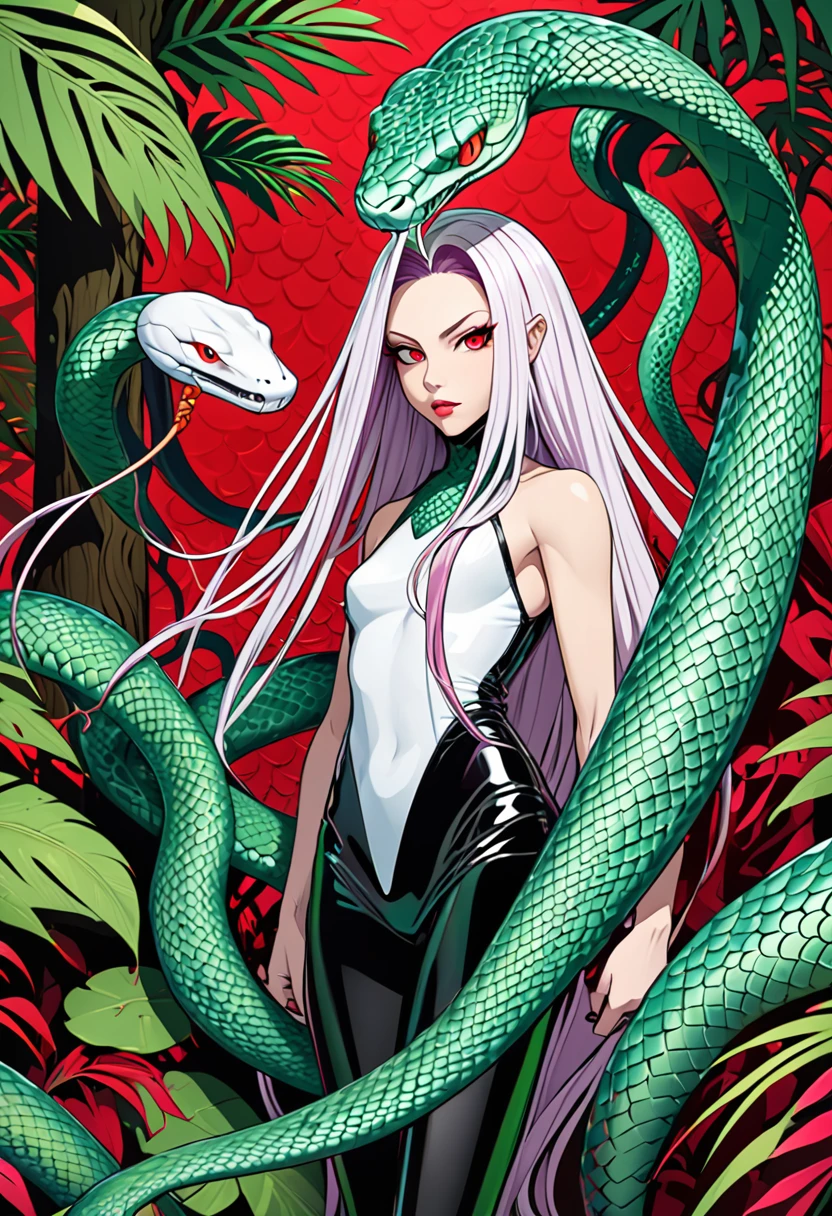 slender Medusa, drawn in the style of Bob Kehl, Latex-Haut, Snake scale pattern, white dreadlocks, red eye, Background is a jungle
