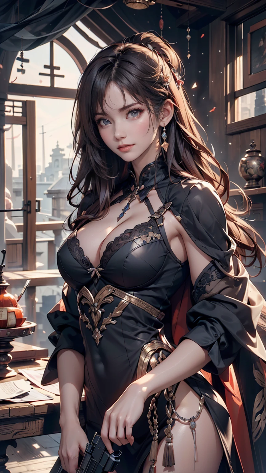 (Highest quality, 8k, masterpiece :1.3), Handsome woman with perfect figure and long hair :1.4, Zhongli, Zhongli, Dark brown hair, Swollen breasts, Genshin Impact, On the Ruins, In the hands of a gun, Highly detailed face and skin, Detailed eyes, double eyelid