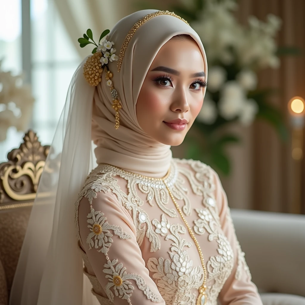 a indonesian women, wear sheer silk hijab with gold accesories and some Jasmine flower pistil decoration tied lengthwise on left headside. glamour makeup, wear longsleeve intricate lace details white traditional indonesian muslim bride kebaya, sweet calm expression, indoor glamour wedding decoration seat with sunda theme details. look at the viewer, natural light, realistic photography, wide angle shot , detailed facial features,