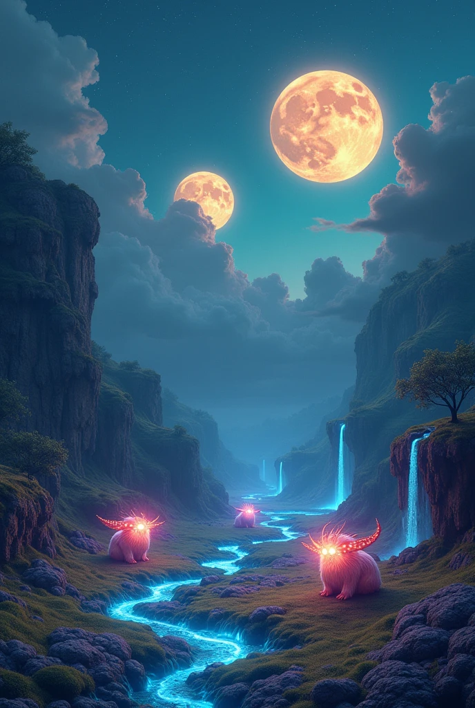 A fantastical realm under a swirling sky of indigo and gold, with two large moons casting a mystical glow. The ground is covered in a carpet of soft, bioluminescent moss, which gently illuminates the surroundings. Strange, luminescent creatures with wise eyes move across the landscape, which features surreal, floating rock formations and shimmering waterfalls.