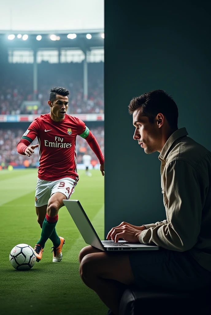 Ronaldo on the football pitch, and then a split image of him sitting with a laptop.