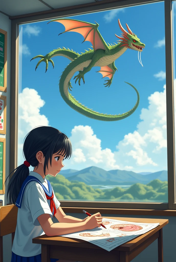 A Japanese girl is in a classroom. She is studying the digestive system. There is a picture of a stomach. She looks out the window. There is a dragon in the sky.