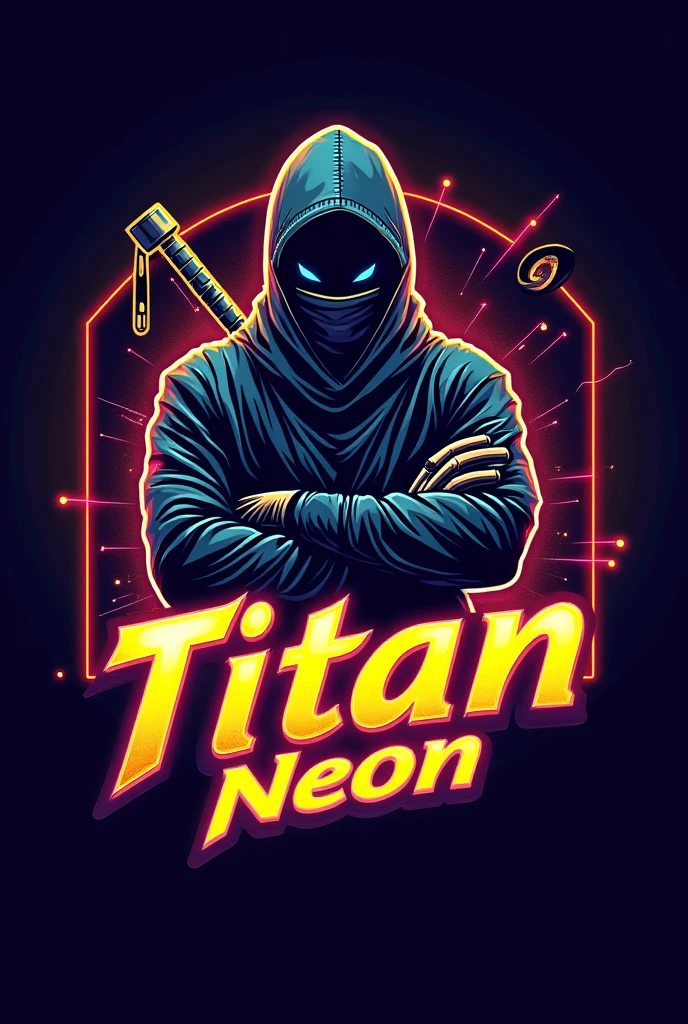 Text: The name "TITAN NEON" is prominently featured in a futuristic font. The text is rendered in a striking golden color, giving it a high-tech, premium appearance.
Avatar: Incorporate a ninja anime avatar that exudes a sense of agility and coolness. The ninja should be detailed, with sleek lines and a dynamic pose to convey action and excitement.
Controller Icon: Include a stylized controller icon in the design. This icon should be modern and sleek, seamlessly integrated into the overall composition to enhance the gaming theme.
Background: The background features an abstract logo or graphic element that complements the futuristic and high-energy feel of the design. This could be something like a glowing circuit pattern or a dynamic geometric shape to add depth and visual interest.
Overall Design: Ensure the logo is attractive and eye-catching with a bold and vibrant color scheme that resonates with gaming enthusiasts. The design should be versatile enough to look great on various mediums, including mobile screens in 8k resolution.