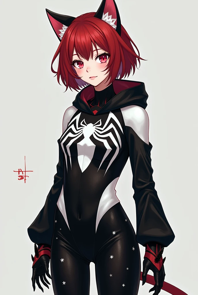 A girl with white anime-type skin, Her hair is short to her shoulders and is deep red with bangs.,He has small cat ears on his head,  He has a Spiderman suit turned into Venom, He has black pants with little white stars on them..
