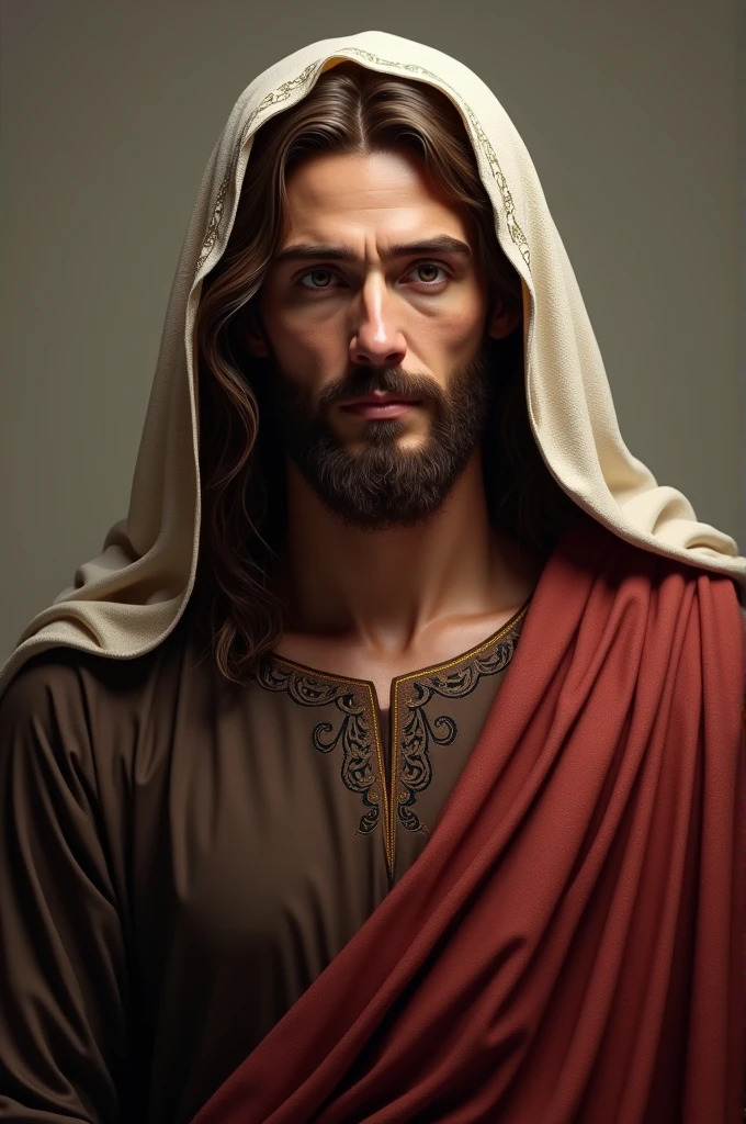 Create a realistic image of Jesus, em corpo inteiro, wearing a rustic tunic in dark brown with details on the collar, a wine red cloak with sleeves and a veil over the head wrapped around the neck, na cor branca.