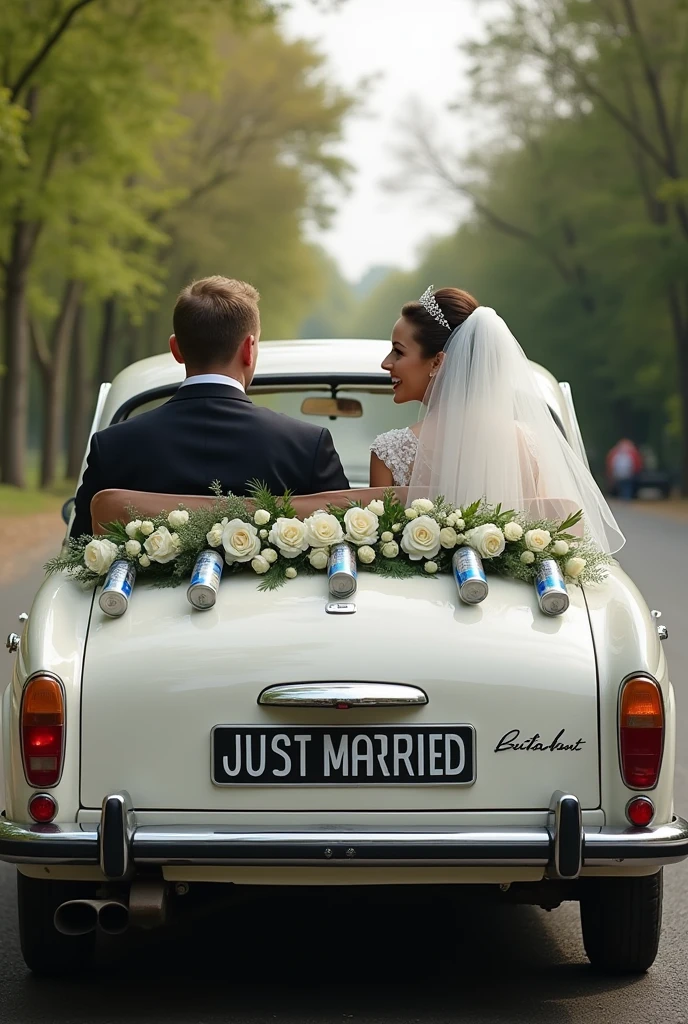 Picture as drawn. Bride and groom sitting in a wedding car. You can see them through the rear window of the car. The car is a Peugeot and cans hang down from the car. The picture says “just married”