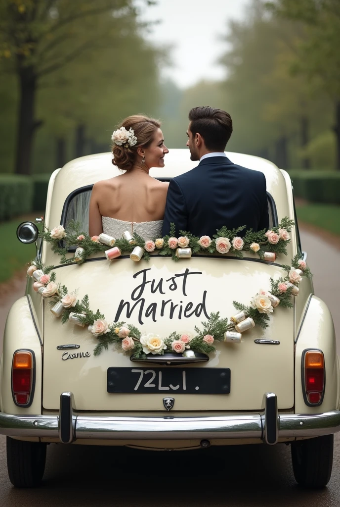 Picture as drawn. Bride and groom sitting in a wedding car. You can see them through the rear window of the car. The car is a Peugeot and cans hang down from the car. The picture says “just married”