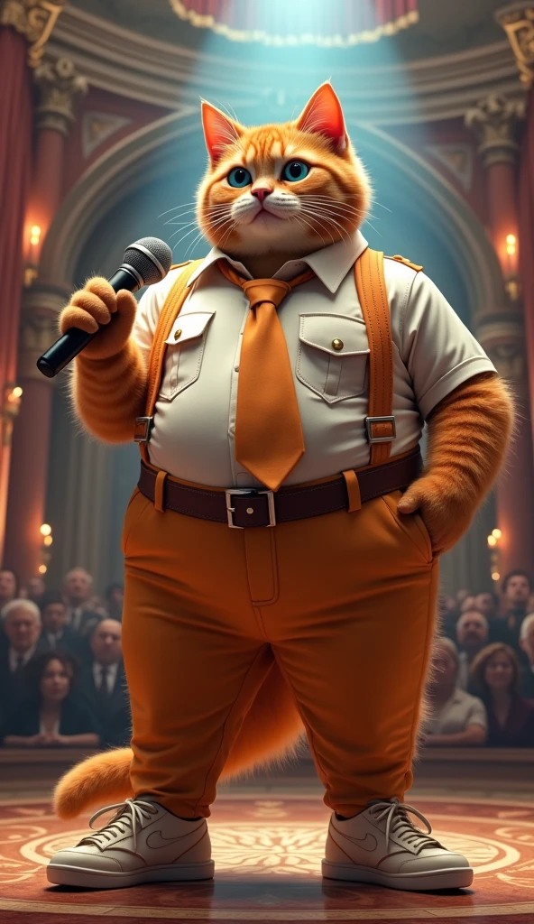 Make a picture of a fat obese orange cat, blue eyes, wear a cool uniform and tie, sport shoes, holding the microphone, facing the camera, with the backdrop of a magnificent concert stage, full body, wide, super realistic 8k images