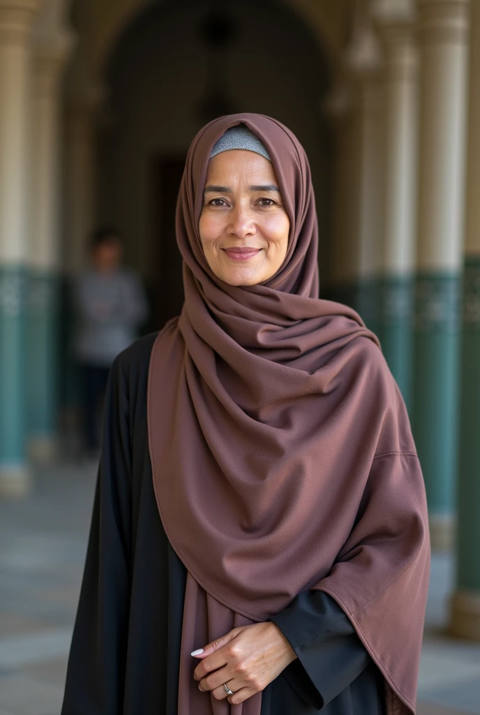 full body photo of a beautiful sundanese mature woman, face looking to camera, white skin, wearing hijab, wearing muslim clothes, Background mosque, 46 year old