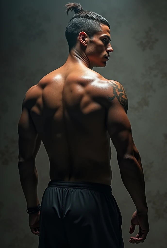 Image from the back of Cristiano Ronaldo with a serious and determined expression, There is a glimpse of various aspects of life that he wants to show on his YouTube channel., moments of everyday life.