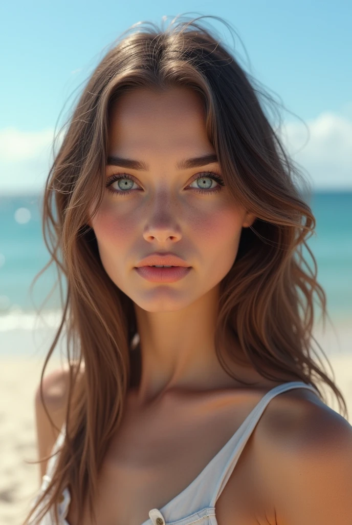 portrait photo ultra réaliste d'une femme brune sur la plage, le visage dégagé, européenne, yeux bleus clairs, sans maquillage, minutieux et détaillé, très détaillé, 4k, haute résolution, photographie primée