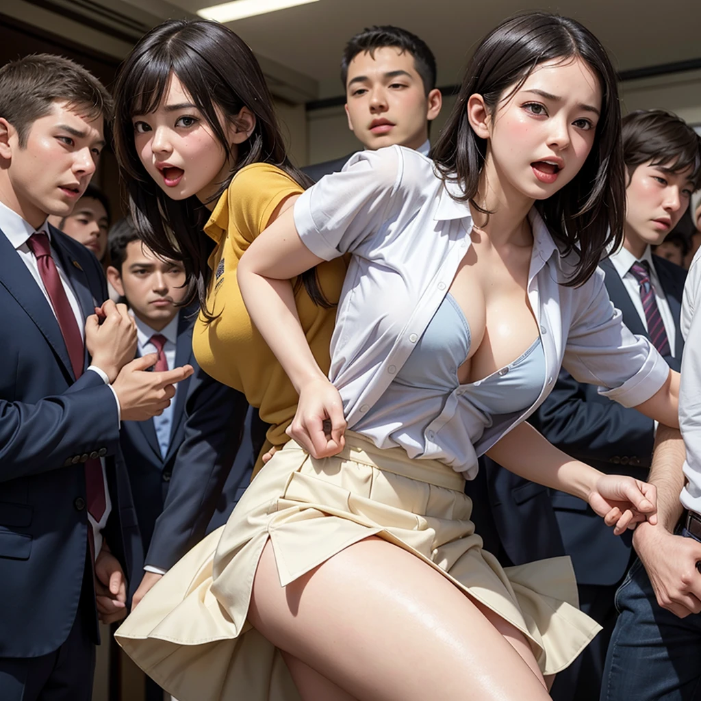 A beautiful innocent girl surrounded by excited high school boys, Cute baby face like an idol, She screams with her mouth open in shame after being molested in public and watched from close range, A high school boy tears off his school uniform, revealing his pure white panties, A high school boy grabs my breasts from behind, A high school boy touches his crotch and white juice drips out, Anatomically correct, Being molested by a group of men, Fleeing, Be surprised to see the viewers, Beautiful wavy medium bob hair, blush, Increased sensitivity, Tears overflow from your beautiful eyes, Ultra high definition, Slender body, Japanese, Close-up on molestation