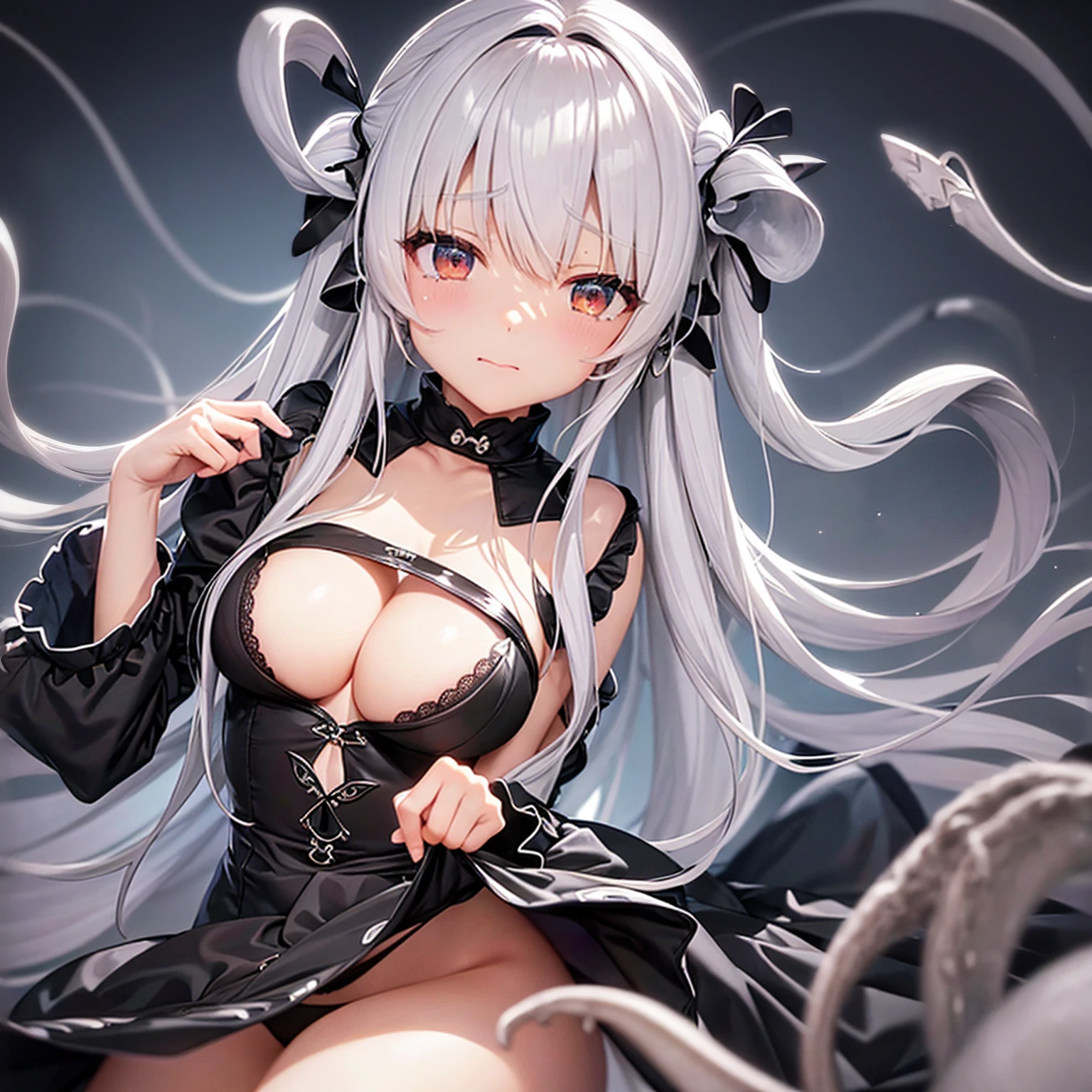 Silver Hair、Black costume、sea of clouds、lake、Pier、A ray of light shines on her、Mocking、The right bangs are a little long、Medium Long Hair、Lace Stockings、Long twin tails、(黒い怪物が少女の影に潜んでMocking、Attacked by black tentacles)Tentacles attack her、disheveled costume、Torn Costume、to tears、Underwear is visible、Body fluids flowing down