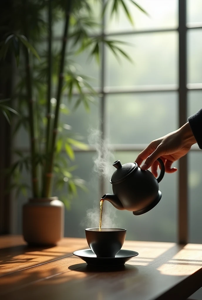The window is foggy,，Bamboo Indoor，A hand holding a teapot，Prepare to pour tea into an empty cup，Very detailed，HD，Clear details
