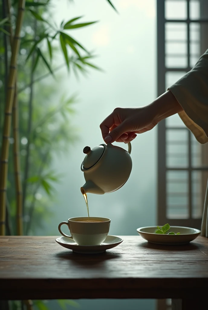 The window is foggy,,Bamboo Indoor,A hand holding a teapot,Prepare to pour tea into an empty cup,Very detailed,HD,Clear details