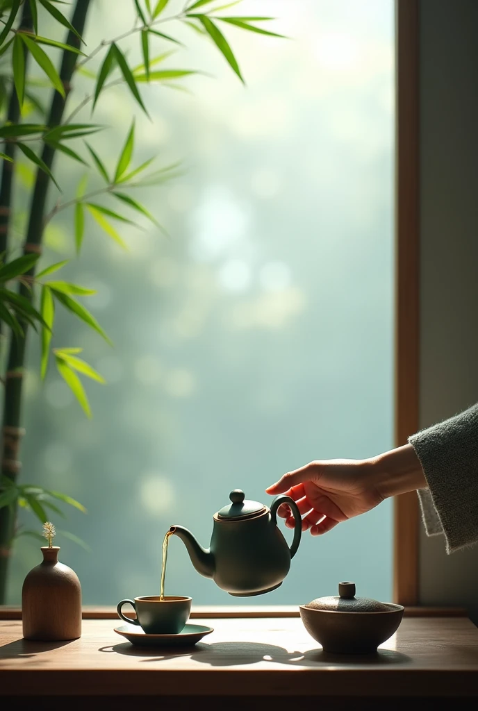 The window is foggy,,Bamboo Indoor,A hand holding a teapot,Prepare to pour tea into an empty cup,Very detailed,HD,Clear details