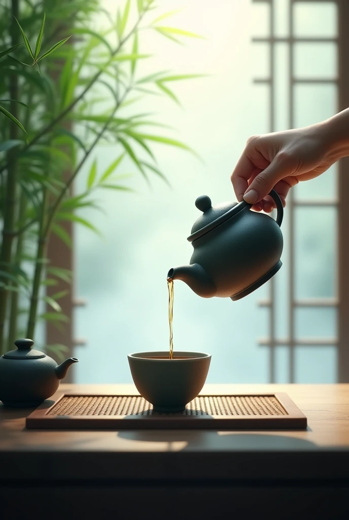 The window is foggy,,Bamboo Indoor,A hand holding a teapot,Prepare to pour tea into an empty cup,Very detailed,HD,Clear details