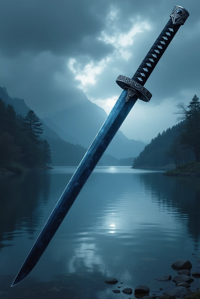 a mythical and precious katana with a midnight blue blade and a black pommel with silver stripes. the background is a lake under storms drawn in a traditional Japanese style