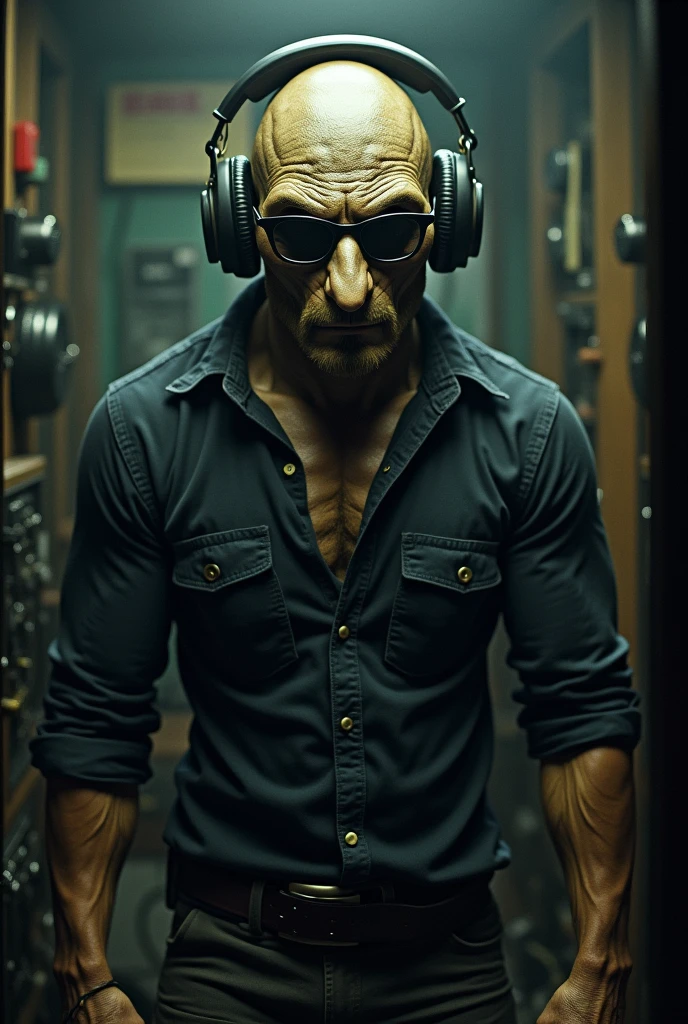 Strong and tough realistic looking alien without a nose with dark glasses and announcer headphones and black flannel facing a spooky radio booth ready to transmit