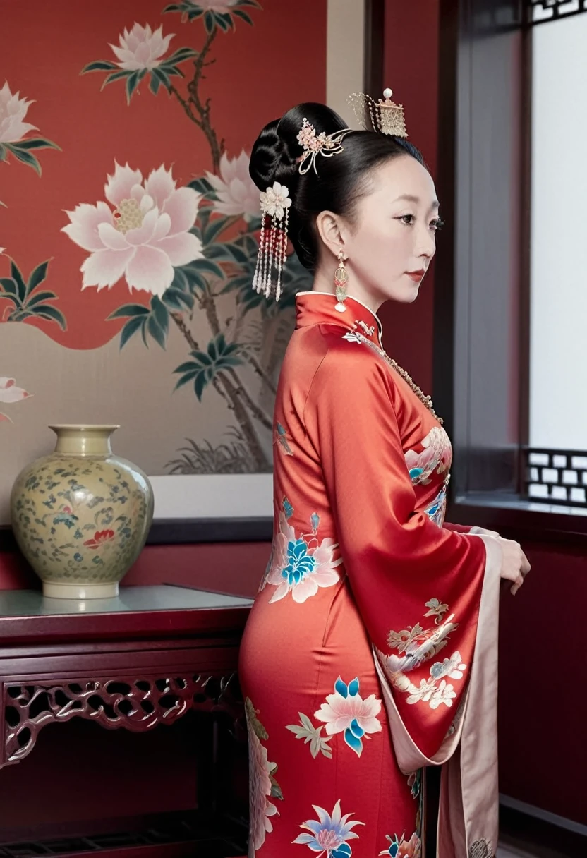 The empress dowager of the Qing Dynasty wears a red floral dress, Completely naked, Her profile is displayed、The butt is sticking out, Posing in the opulent palace of the Qing Dynasty Empress Dowager.