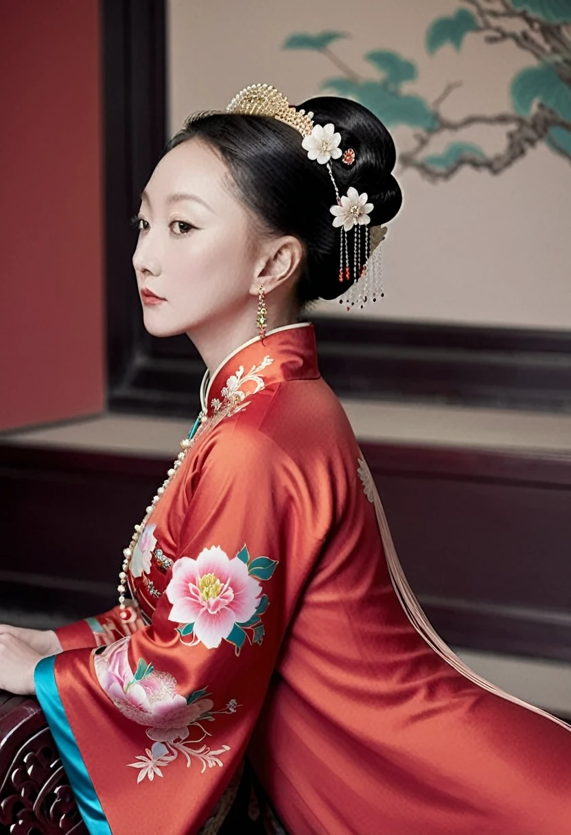 The empress dowager of the Qing Dynasty wears a red floral dress, Completely naked, Her profile is displayed、The butt is sticking out, Posing in the opulent palace of the Qing Dynasty Empress Dowager.