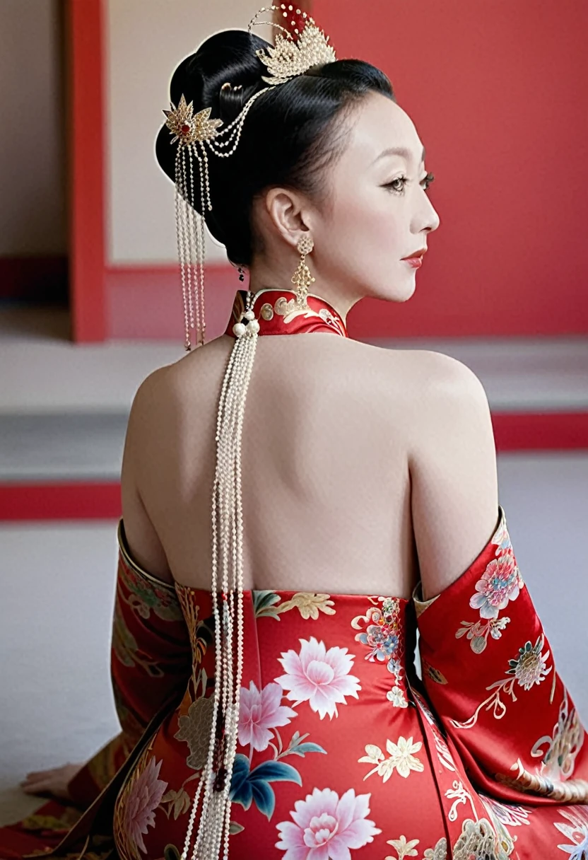 The empress dowager of the Qing Dynasty wears a red floral dress, Completely naked, Her profile is displayed、The butt is sticking out, Posing in the opulent palace of the Qing Dynasty Empress Dowager.