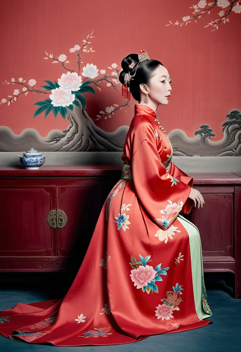 The empress dowager of the Qing Dynasty wears a red floral dress, Completely naked, Her profile is displayed、The butt is sticking out, Posing in the opulent palace of the Qing Dynasty Empress Dowager.