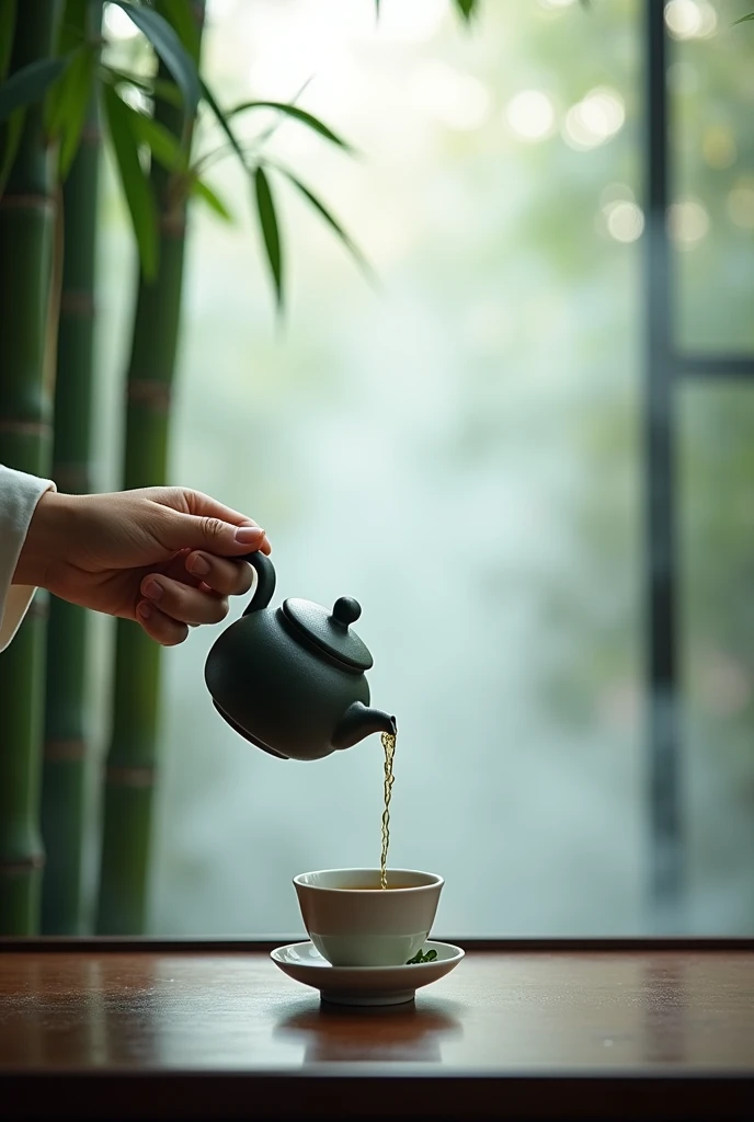 The window is foggy,,Bamboo Indoor,A hand holding a teapot,Prepare to pour tea into an empty cup,Very detailed,HD,Clear details