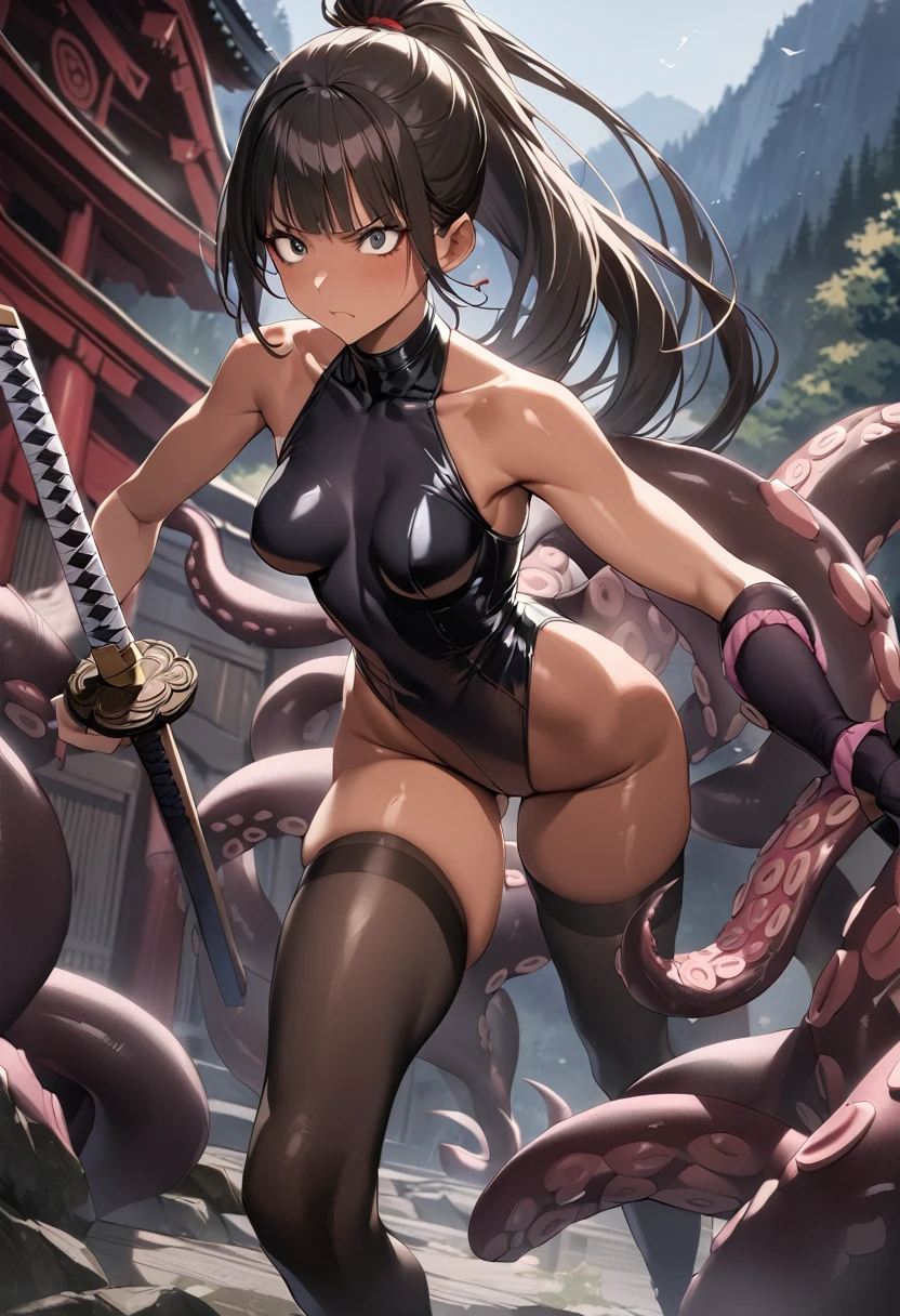 (A woman fighting with tentacles and a Japanese sword)、((masterpiece,best quality anime,Highest quality:1.3)),realistic,cowboy shot,(25 year old beauty),Female ninja,1woman,独奏,((very small head:1.4)),((very long body:1.3)),black hair,bangs,long ponytail hair,gorgeous big eyes,black eyes,Angry expression,((tan skin:1.5)),(black high neck sleeveless,leotard、black_thighhighs,black fingerless gloves),((slender body:1.3,skinny)),medium breasts,gleaming skin,shiny skin,Fighting posture with a Japanese sword,Old shrine in the mountains、night,Action Scenes、