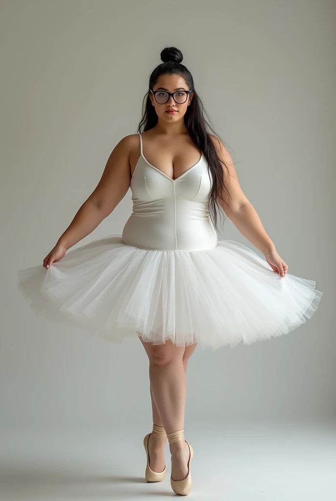 Realistic fat woman With tutu White girl, glasses Black hair bun baillarina look The camera