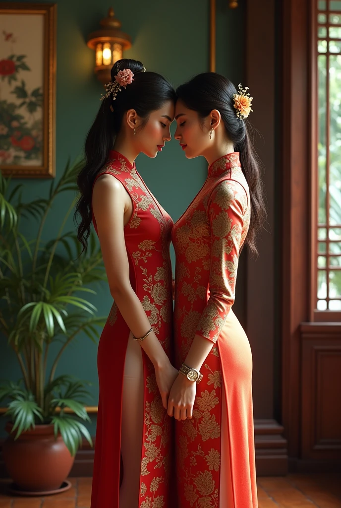 You help me create pictures, Pure Vietnamese lesbianism, a council lady and a maid... Standing next to each other wearing Vietnamese traditional costumes 18+
Front strap