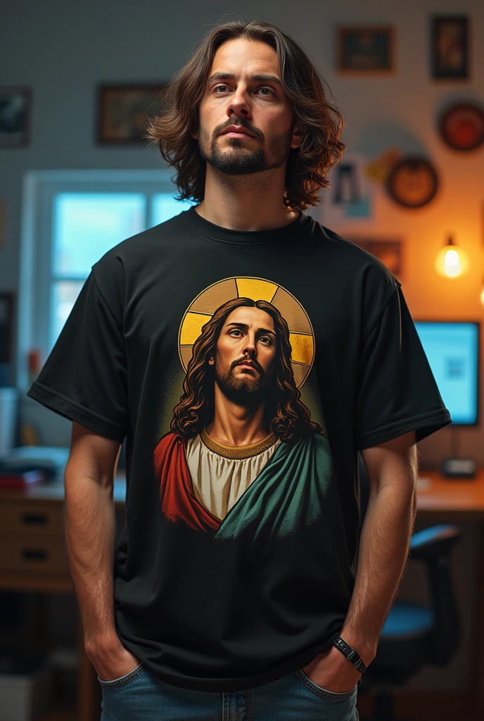 YouTuber Dross wearing a Jesus Christ shirt 