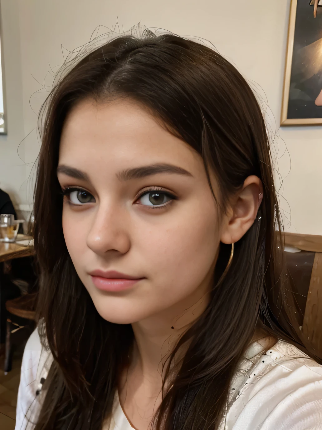 Photo of a 20 year old brunette woman, that has a very natural face, thin lips, thin eyes, thin eyebrows, thin nose, earrings, long eyelashes. She makes a cute selfie in a cafe