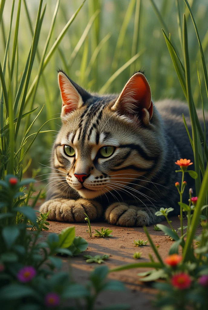 cat with injuries on the body. in a land full of tall grass, smelling a flower. more realistic image