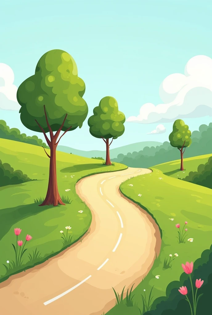 Cartoon of a road on the ground with three trees

