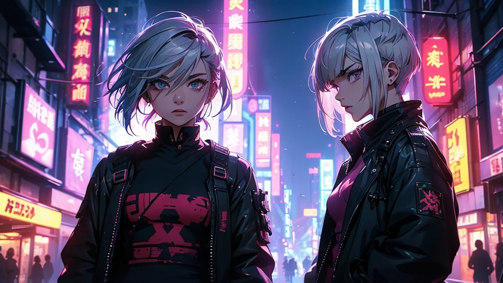 (ultra-realistic, high resolution, best qualityer, 4K, proffesional, cowboy shot), an image of a character sitting in a neon-lit area, beauty eyes, sharp looking eyes. Her Asymmetrical Pixie Hairstyle, silver hair, shorth hair, and left-swept bangs with red highlights make her stand out. in the pastel gothic style, chinese punk, cryptid academia, album covers, urban landscape, dark purple and black, Right now. Fundo Bokeh Petzval.