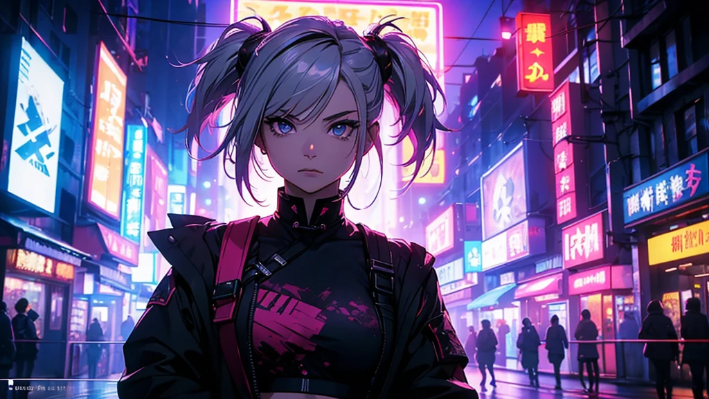 (ultra-realistic, high resolution, best qualityer, 4K, proffesional, cowboy shot), an image of a character sitting in a neon-lit area, beauty eyes, sharp looking eyes. Her Asymmetrical Pixie Hairstyle, silver hair, shorth hair, and left-swept bangs with red highlights make her stand out. in the pastel gothic style, chinese punk, cryptid academia, album covers, urban landscape, dark purple and black, Right now. Fundo Bokeh Petzval.