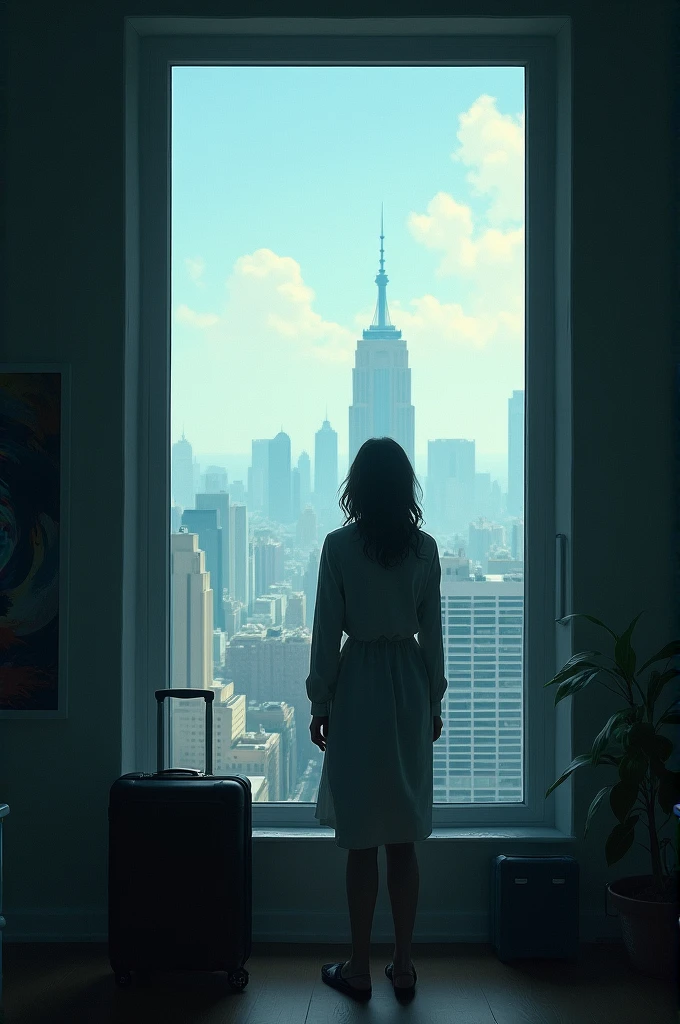 A view from a window on the fifth floor, showing a distant and alien city, with the protagonist locked in his "Country" personal."From your voluntary exile": A suitcase abandoned in a corner, symbolizing the departure of the other person and the loneliness of the one left behind.