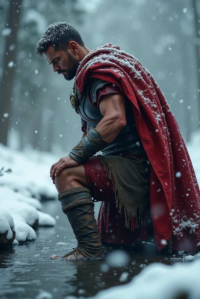 concept cg realistic of a Roman centurion in heavy snowfall, (His head is turned to the left bent down in a knee-deep stream), The scene uses dark gray and deep blue tones to convey the cold and intense battle, Snow is scattered around the centurion, Red accents in his attire create an interesting contrast, Light and shadow are used to add depth and intensity.
