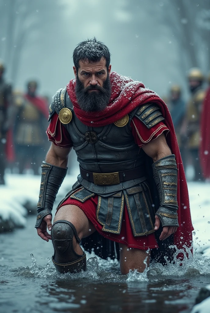 concept cg realistic of a Roman centurion in heavy snowfall, (His head is turned to the left bent down in a knee-deep stream), The scene uses dark gray and deep blue tones to convey the cold and intense battle, Snow is scattered around the centurion, Red accents in his attire create an interesting contrast, Light and shadow are used to add depth and intensity.
