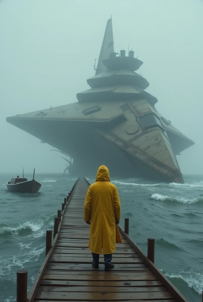 A man from behind wearing a yellow raincoat with the hood placed standing on a pier, a wooden boat on the left side of the pier, a giant stark wars spaceship that crashed into the sea