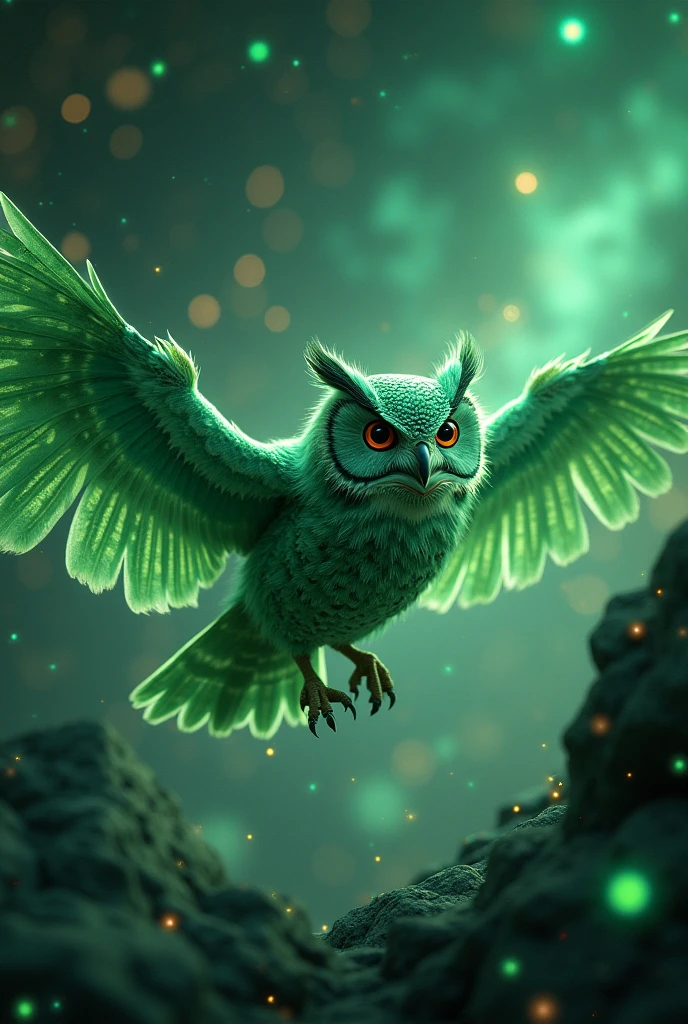 Create a background with a digital universe in which a green owl is traveling